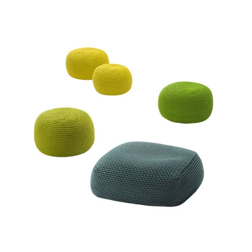 These colorful poufs combine a handcrafted knit look with modern shapes offering comfort and style that easily adapts to casual seating or accent decor.