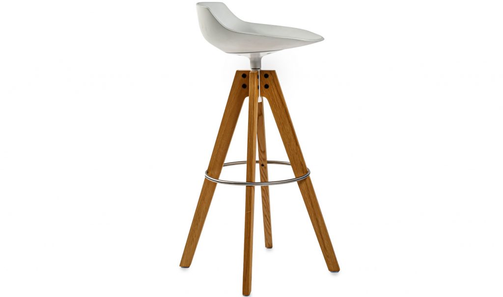 Flow barstool with the seat in a sideways position in front of a white background