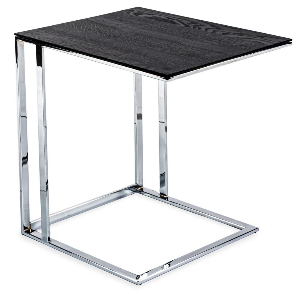 Solid wood lap table with sleek dark stain a white background .