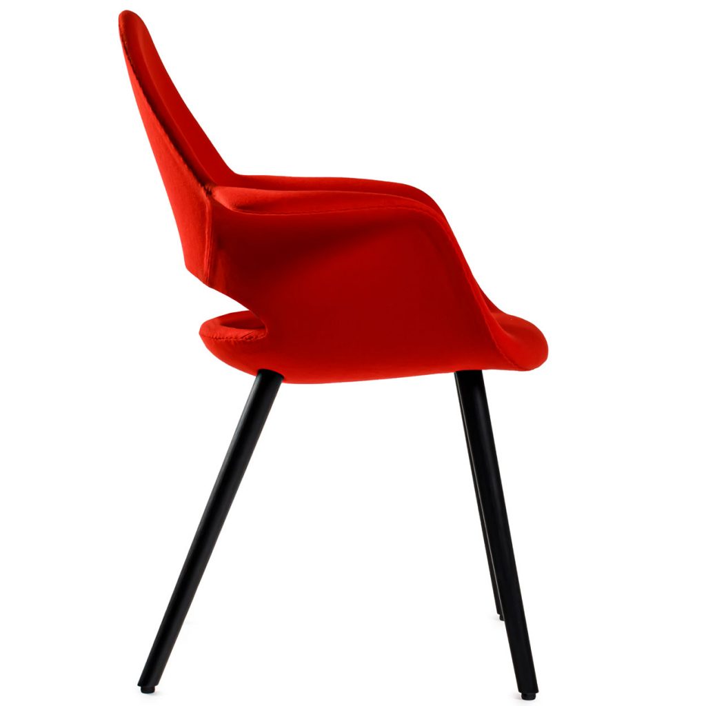 Side view of Organic chair in red in front of a white background