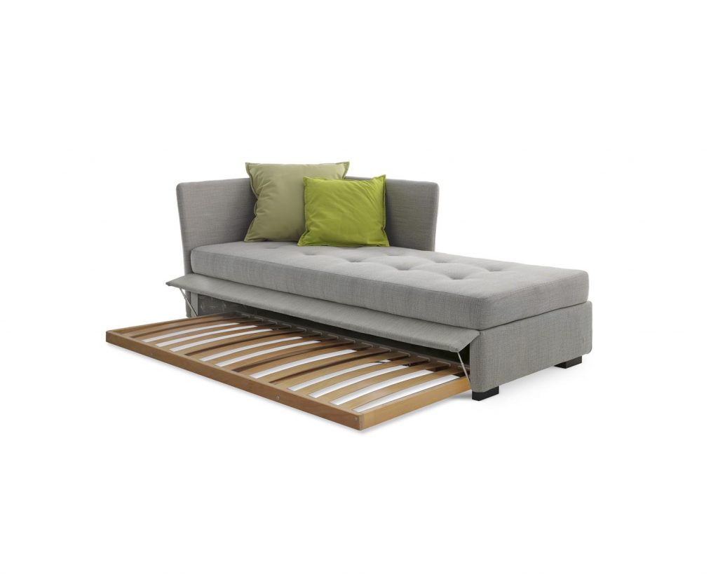 Front angled Figi in grey with bottom section opened up and one couch side up