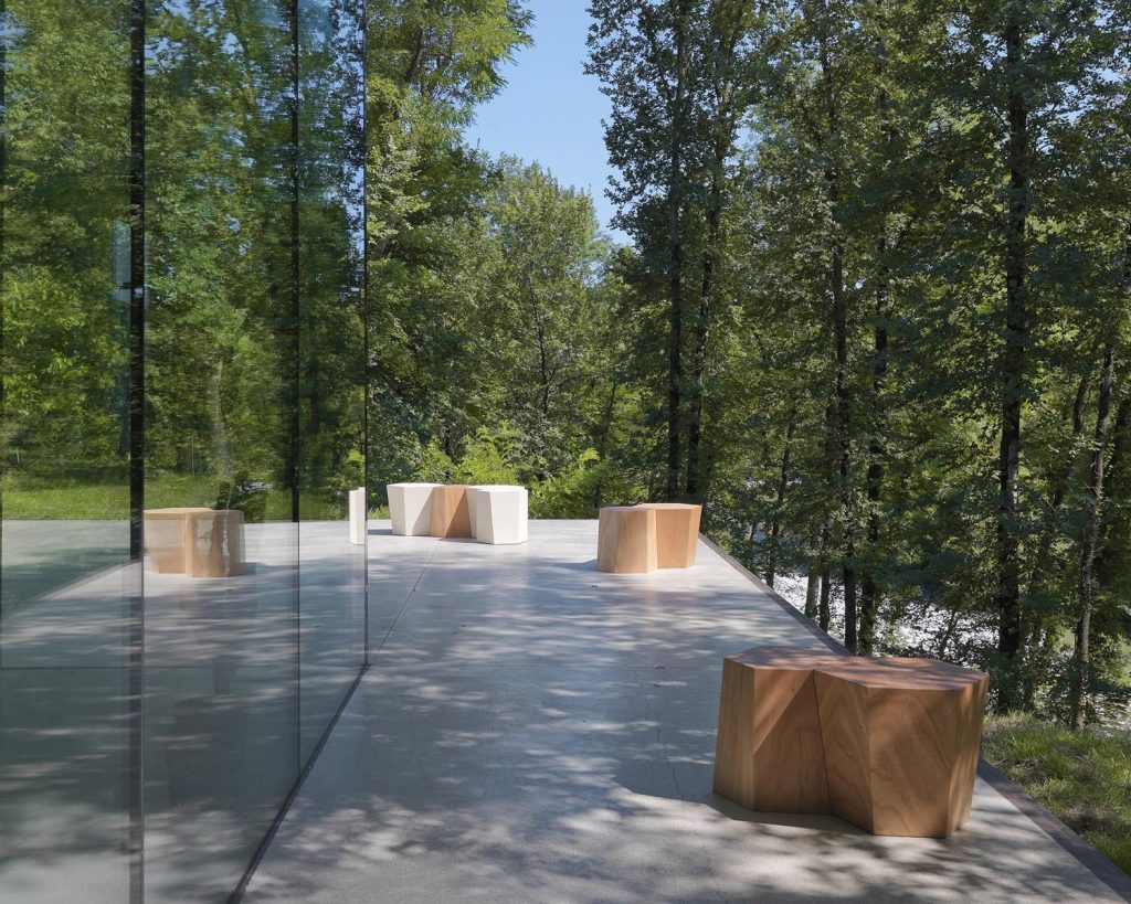 Multiple Hexagon outside on path surrounded by trees