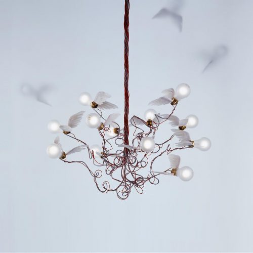 A birdie chandelier with a bunch of lightbulb birds