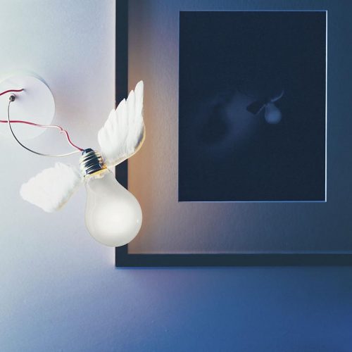 A Lucellino Wall light that is mounted on a blue wall with a picture next to it
