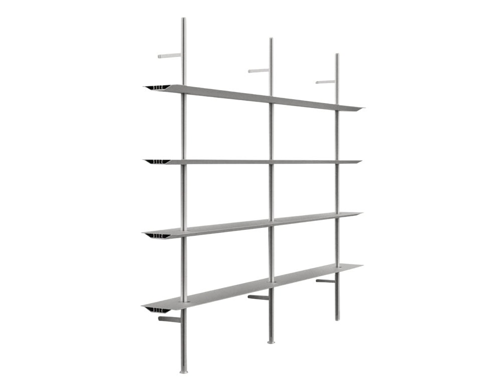 Clean, grid-like structure with evenly spaced vertical supports and horizontal shelves. Its minimalist design and metal construction offer strength with a refined look.
