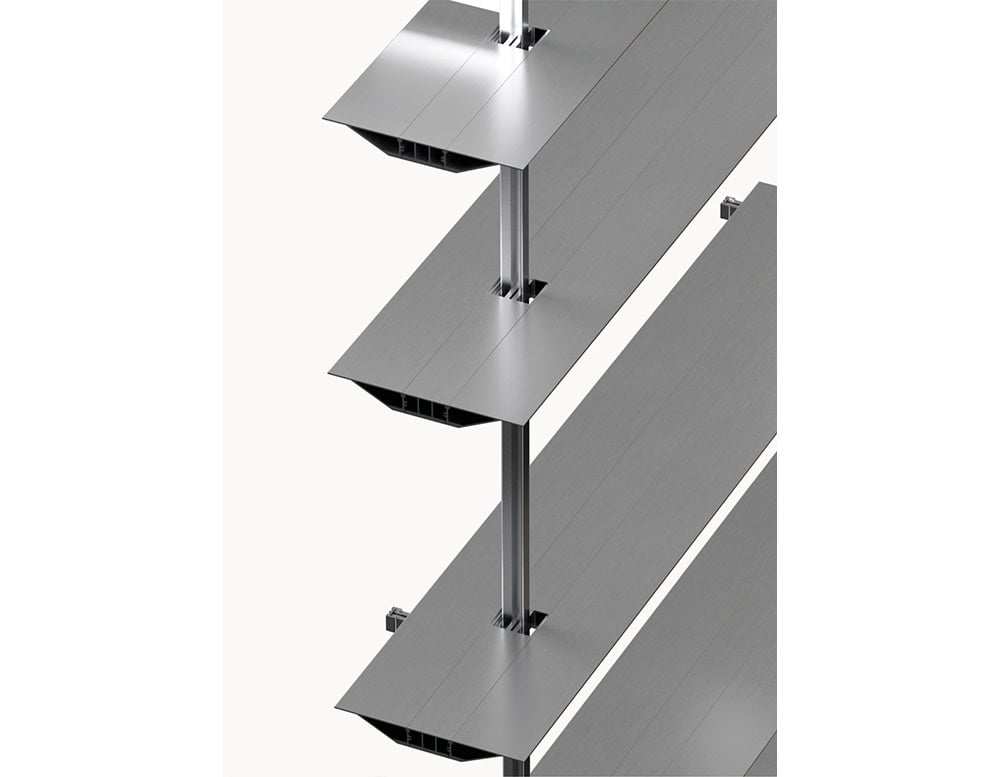 Precision-engineered aluminum shelves with integrated vertical supports. Its clean junctions and industrial finish highlight both strength and minimalist design.