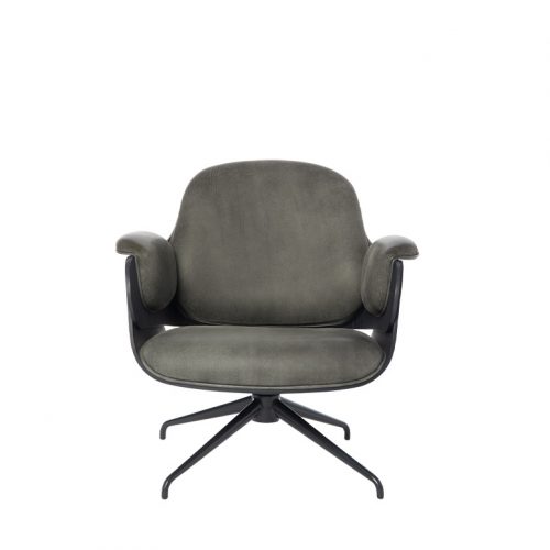 Low Lounger Armchair with a black base and dark gray leather seat. Features smooth, continuous contours, gently flared armrests, and a compact silhouette for modern relaxation in any interior.