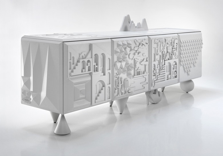 shelf made of a wooden base with a particular design in shades of white, figurine design engraved on its body
