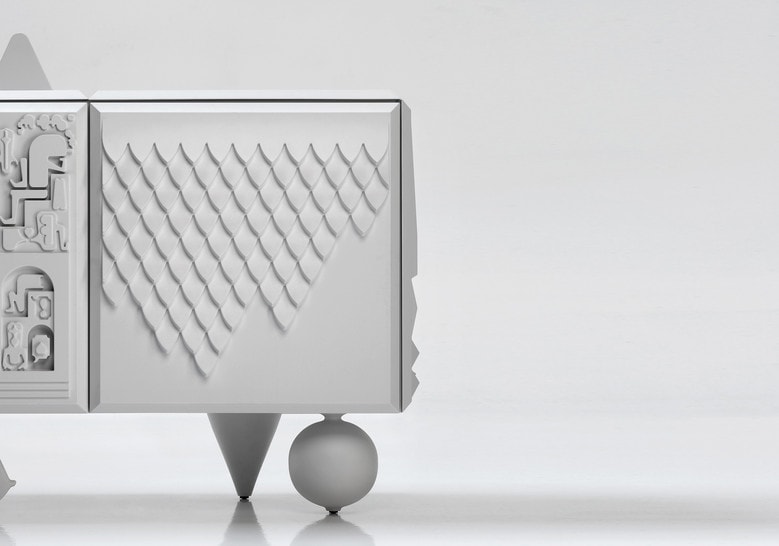 furniture made of wooden poatas carved in the shape of a cone and sphere in a white color tone on a white background