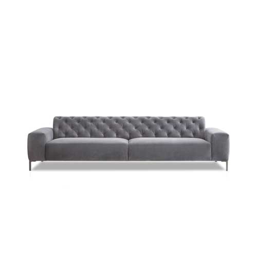 sofa with backrest made of fabric base in a gray color and design with decorative buttons