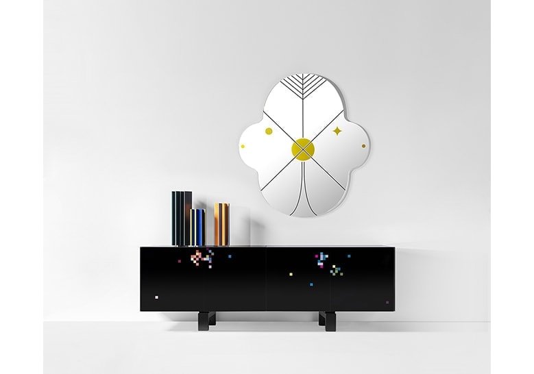Furniture made of solid wood with front drawers in a matte black tone with white finishes