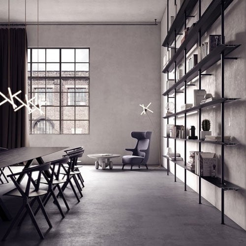 vertical shelves and supports made of aluminum and iron in a black color tone in a room
