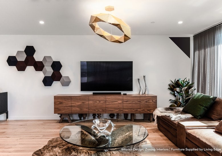 furniture with front pressure drawers made of flamed wood base in a brown tone in a star room