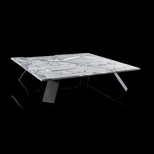 Background Coffee Table. White and gray square top and four black legs on a black background.