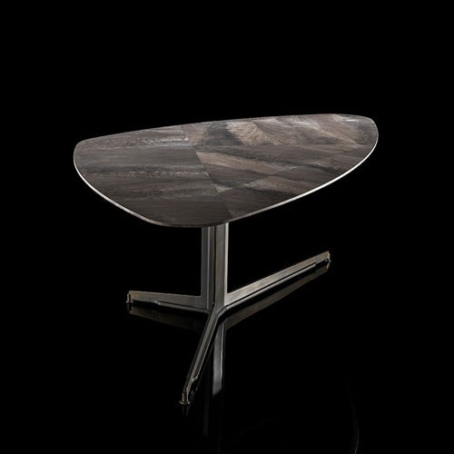 Gibson Coffee Table, top in wood and black steel central leg on a black background.