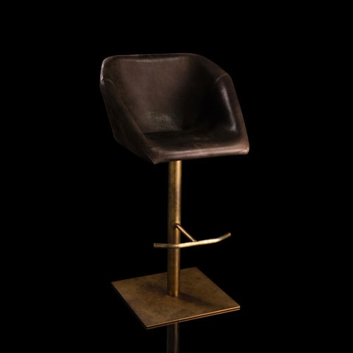 Hexagon stool, padded seat upholstered in brown leather and central steel leg on a black background.