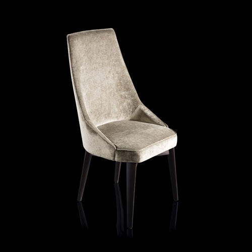Is A Chair in gray fabric with for legs in black eucalyptus wood on a black background.