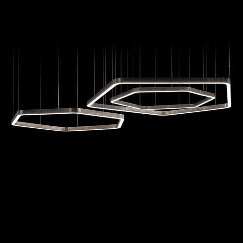 two pendant lamp made in the shape of a polygon made of steel and in a burnished brass color tone