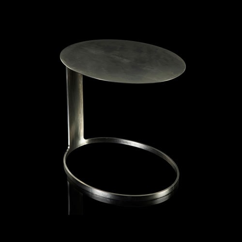 Poke Table. Structure and leg in bent sheet. Top bent sheet, finish steel hand-burnished black on a black background.