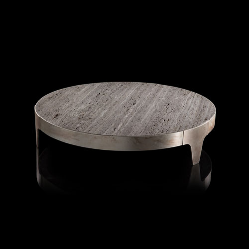small table made of gray glass stone on a steel base on a black background
