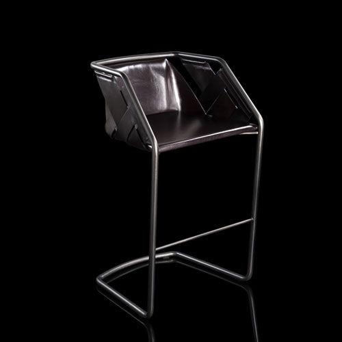 Strip Stool. Structure in curved black metal frame, seat covered with brown leather on a black background.