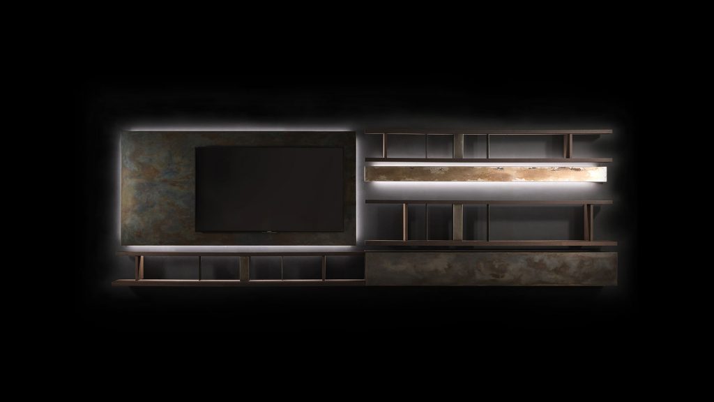 Style Set bookcase, structure in natural wood color. Storage units, internal partitions and tv panel in burnished platino and five white lights on a black background.