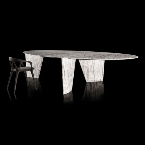 Round Synapses Table with three legs, white and black marble lines on a black background.