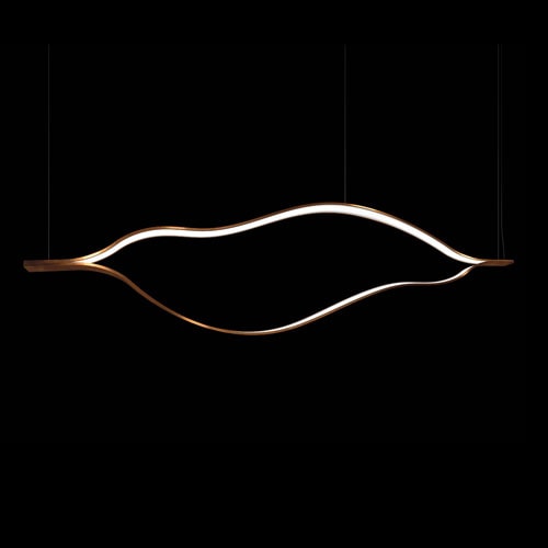 Pendant led Tape Light with wave shapes creating a dune like pattern using suspension cables. White light and bronze structure color on a black background.