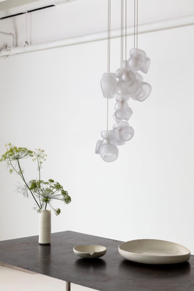 One Hundred Clear light hanging from the ceiling over a table with a plant on the table