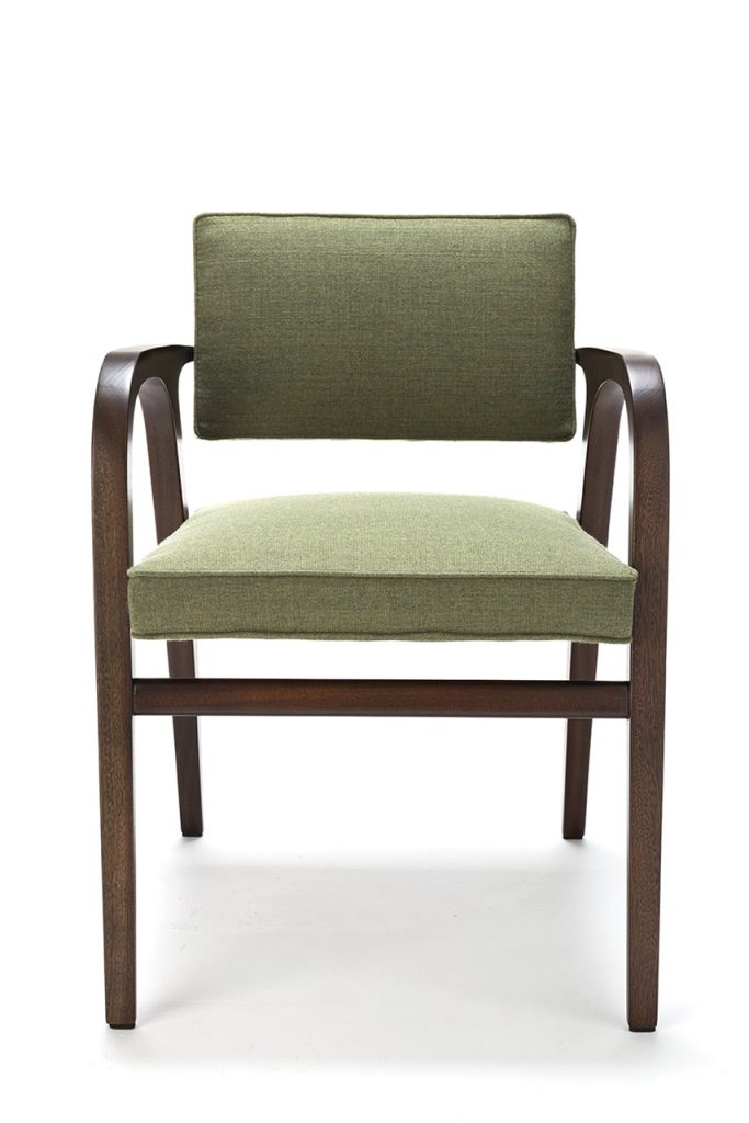chair with dark brown wooden bases and green upholstery on a white background.
