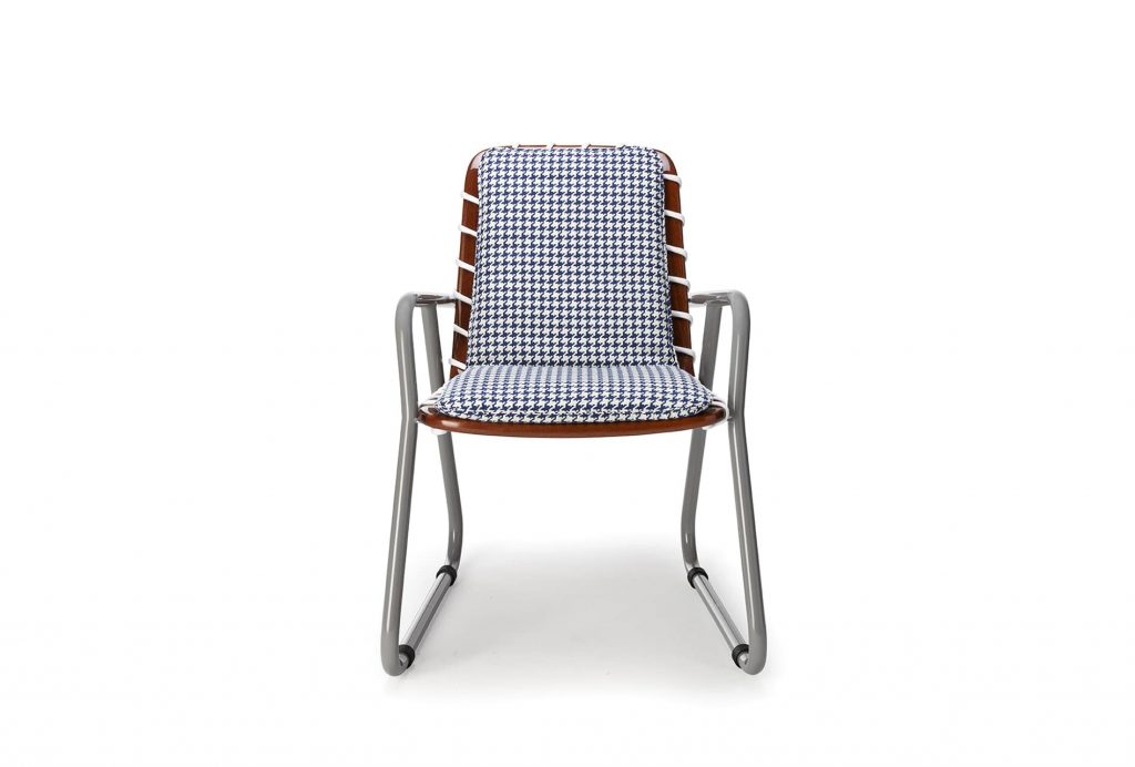 blue and white chair with aluminum tube base on a white background