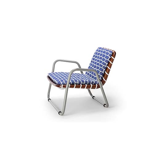 chair in blue and white rope intricately woven around coffee-stained wood, placed on aluminum tubes.