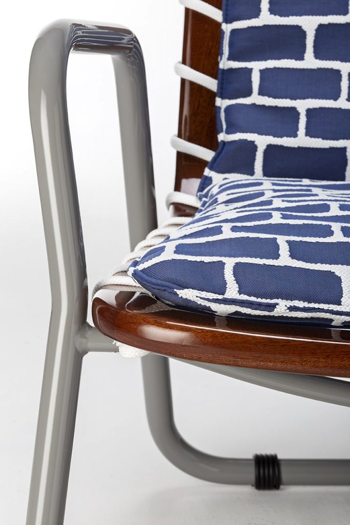 chair with blue-ivory rope, coffee wood, aluminum base.
