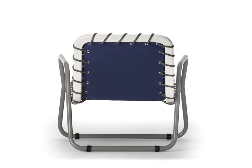 chair with blue backrest and aluminum base on a white background