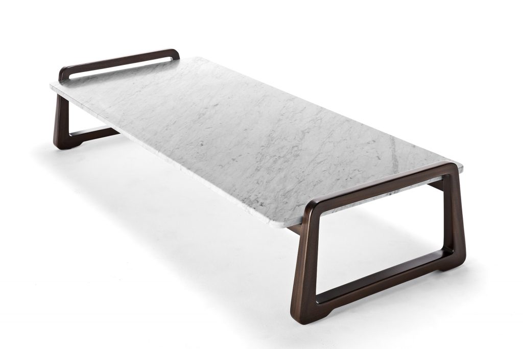 coffee table in white marble and brown wooden base on a white background