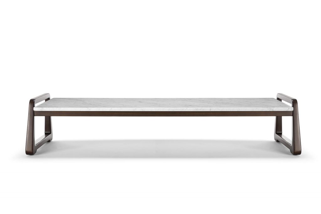 coffee table made of brown wood and white marble on a white background