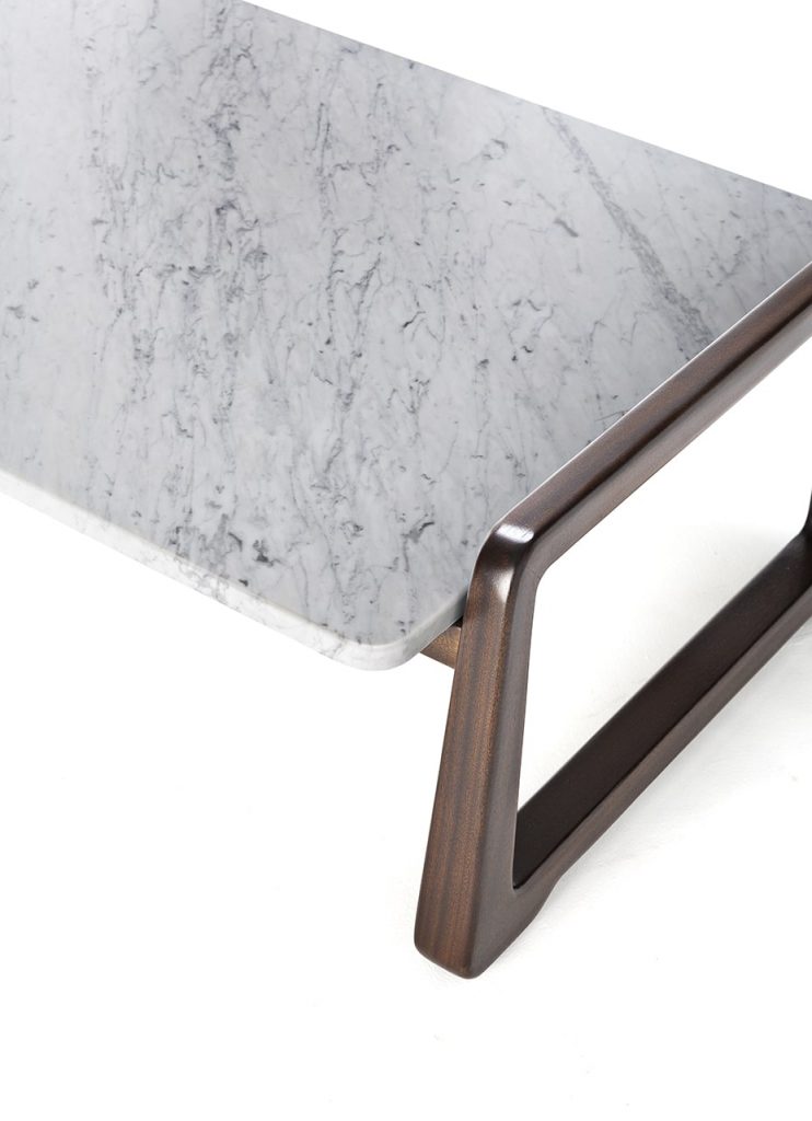 coffee table made of brown wood and white marble on a white background