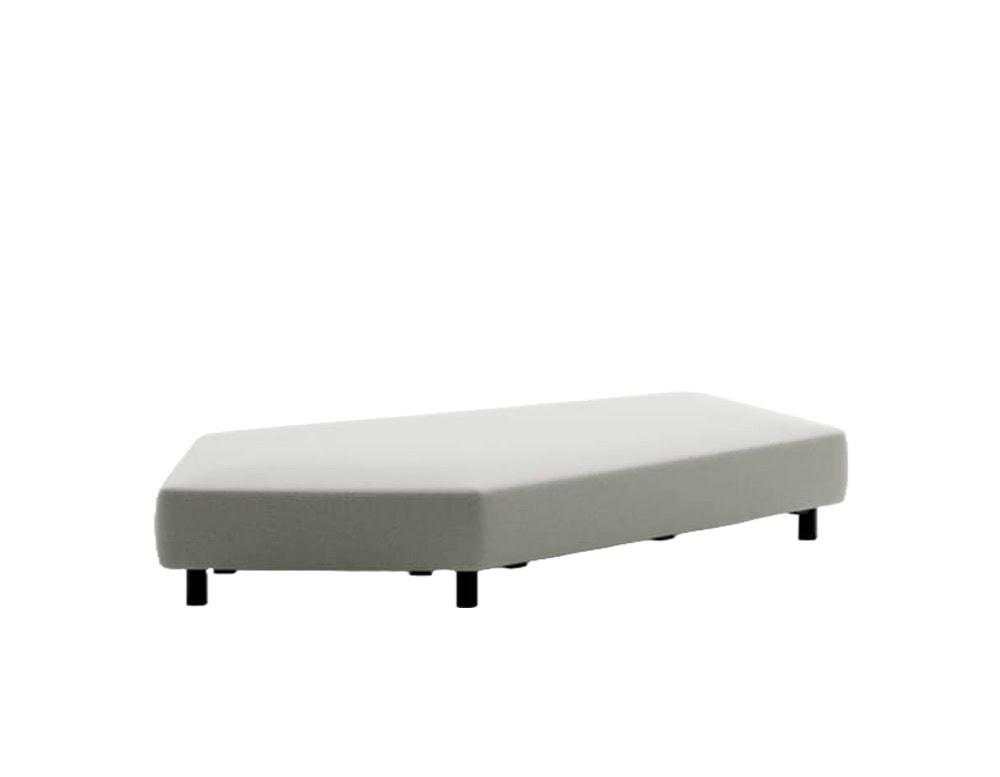 A contemporary outdoor sofa base in light grey upholstery, featuring a trapezoidal form with crisp angles and supported by low, cylindrical black legs.