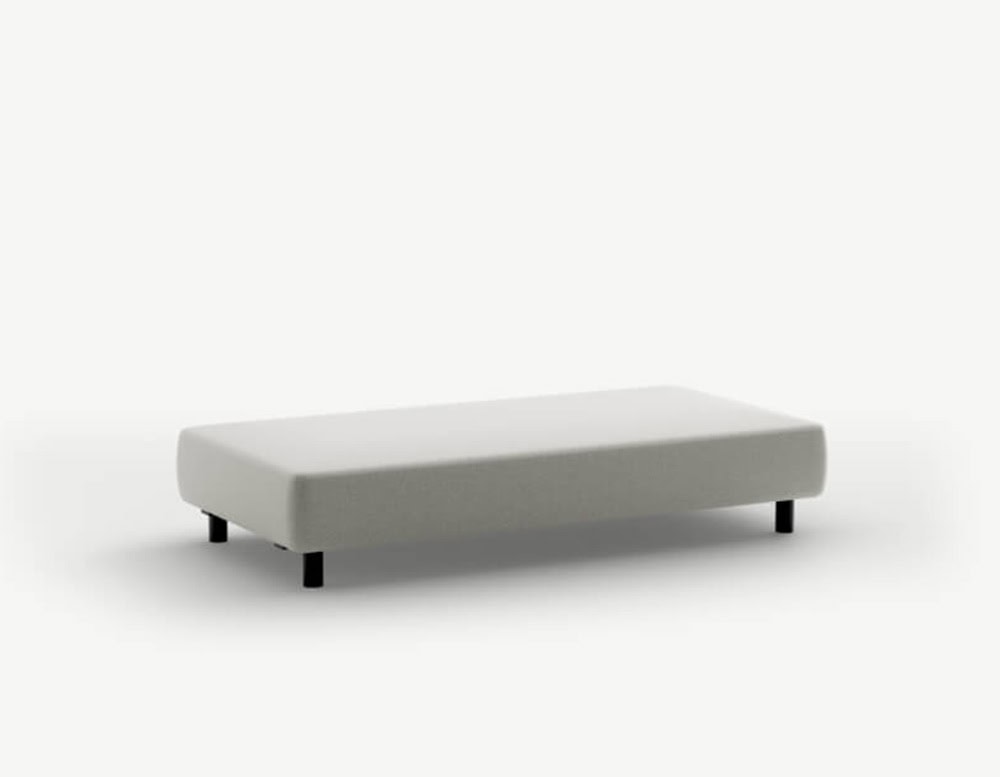 A compact outdoor sofa piece in light grey with a rectangular shape, featuring soft rounded edges and sturdy black cylindrical legs.