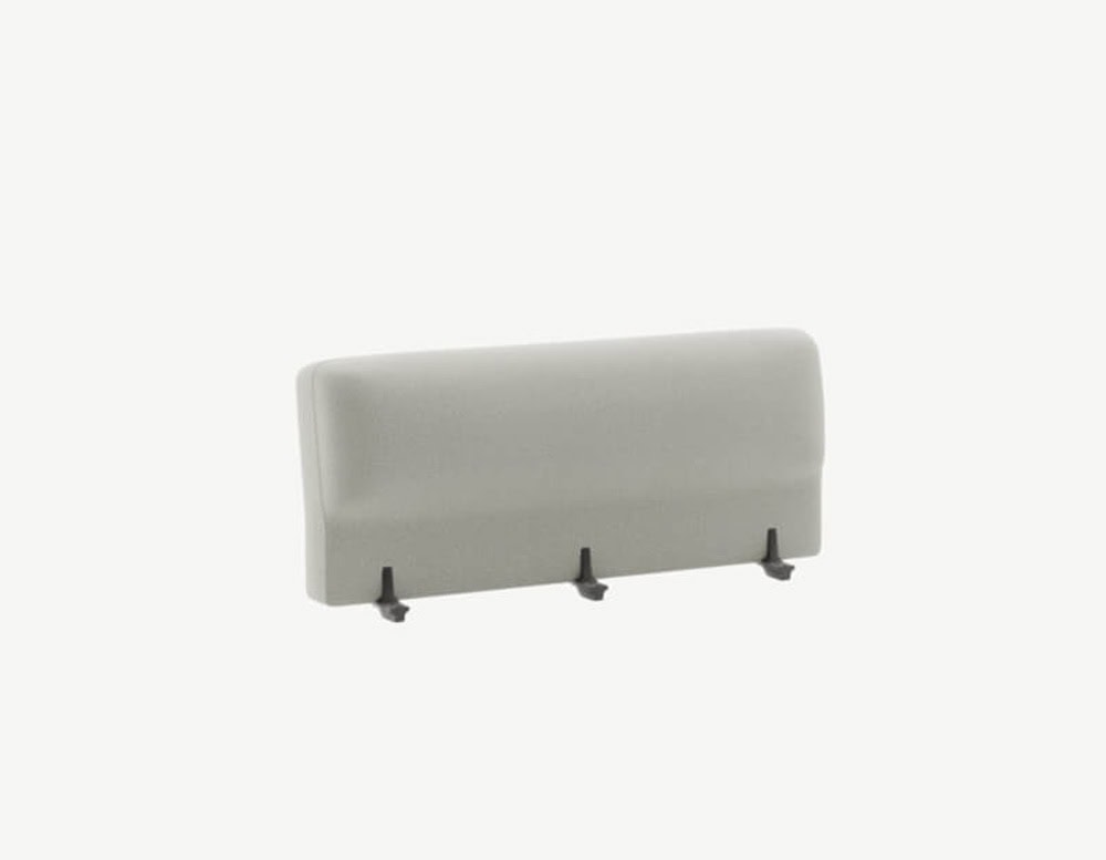 A wide light grey upholstered backrest with softly rounded top corners and three dark mounting brackets along the base.