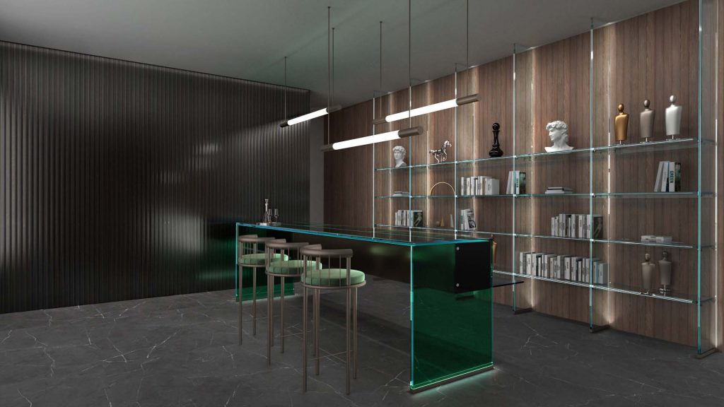 Elegant bar table made of emerald glass behind a bar background.