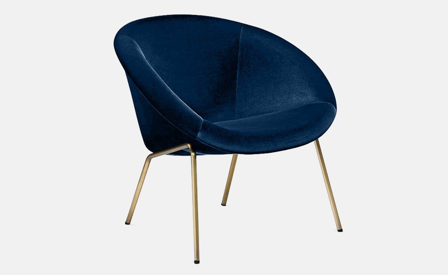 369-10 Armchair featuring a curved blue upholstered seat with sleek gold legs