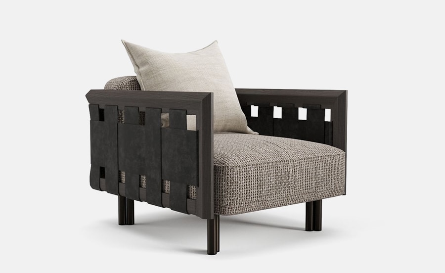 RF Chair featuring a sturdy dark wooden frame with square cutouts, plush textured upholstery, and a contrasting light-colored cushion