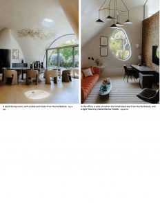 A modern, dome-shaped interior featuring a spacious living and dining area with large windows, and a cozy workspace with an oval window allowing natural light