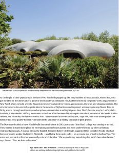 A futuristic, dome-shaped house with a white organic design, nestled within lush greenery and surrounded by a diverse landscape