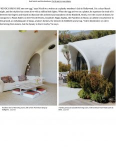 A cozy interior with curved white walls, featuring a minimalist seating area with cushions, alongside an exterior view of the same structure showcasing its organic architecture