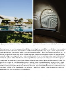 An eco-friendly home with curved white roofs, a serene poolside view, and a uniquely designed arched interior window, blending modern architecture with nature