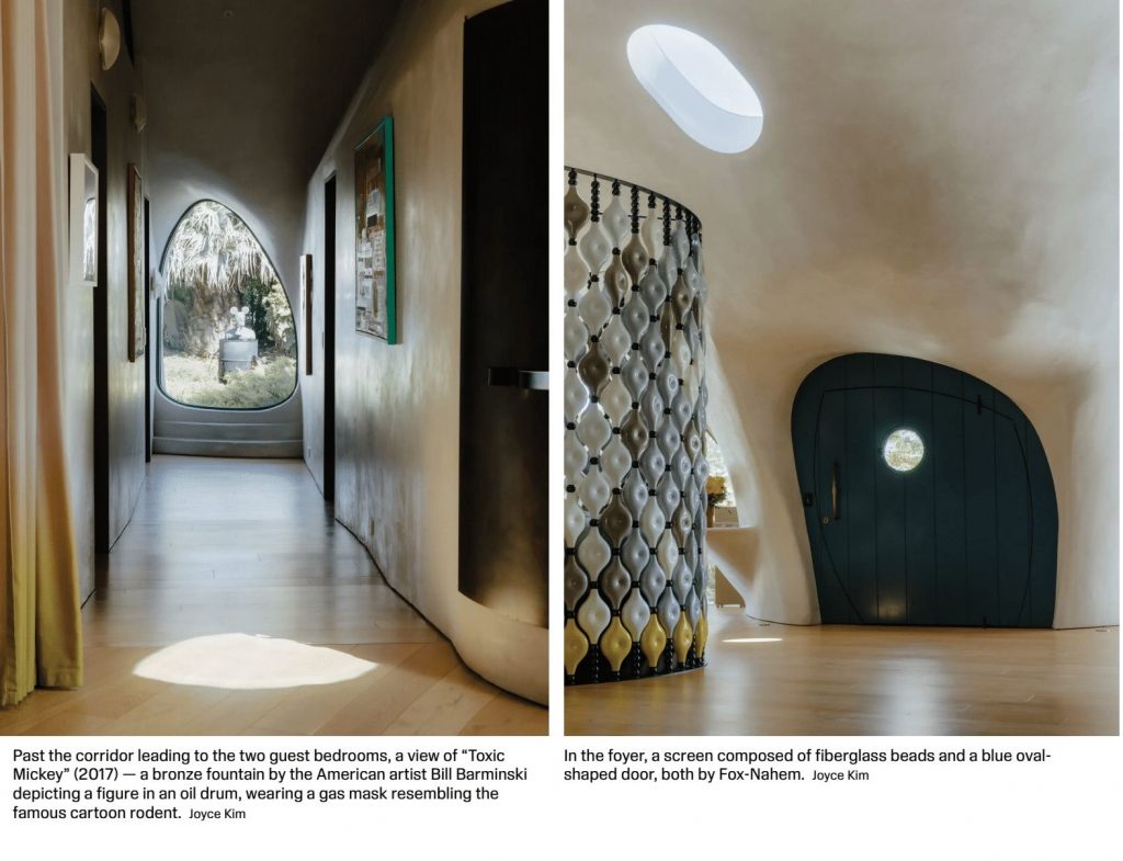 A pair of architectural interior shots showcasing curved walls, arched doorways, and intricate mosaic tile details in a modern organic space