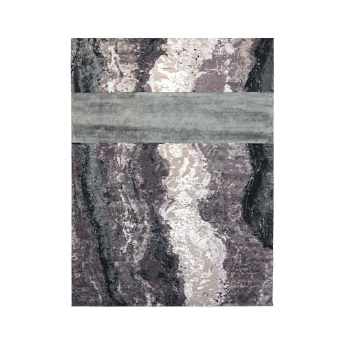 Acquasanta Rug features flowing textures in deep gray and mauve tones, intersected by a soft horizontal band. Its abstract design evokes natural stone and water, blending artistry with modern elegance.