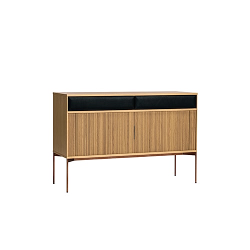 handmade sideboard made of brown cane and brown ash wood on a white background